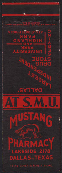 Vintage matchbook cover MUSTANG PHARMACY horse pictured SMU University Dallas Texas