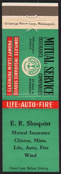 Vintage matchbook cover MUTUAL SERVICE Insurance E R Shoquist Clinton Minnesota