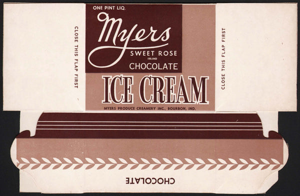 Vintage box MYERS SWEET ROSE ICE CREAM Chocolate pint Bourbon Indiana n-mint