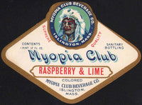 Vintage soda pop bottle label MYOPIA CLUB RASPBERRY and LIME indian Islington MA