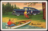 Vintage playing card NASH man and woman at lake picturing a Nash Airflyte car