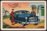 Vintage playing card NASH picturing a man and woman by a blue Nash Airflyte car