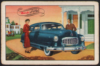 Vintage playing card NASH picturing a man and woman by a blue Nash Airflyte car