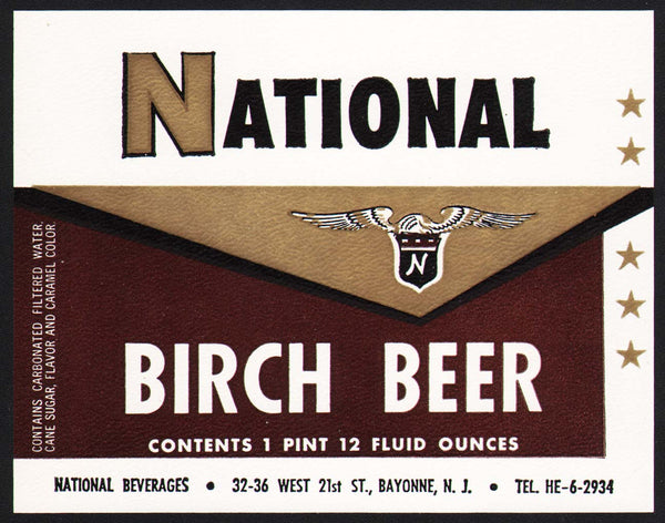 Vintage soda pop bottle label NATIONAL BIRCH BEER Bayonne New Jersey n-mint+