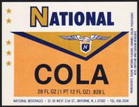 Vintage soda pop bottle label NATIONAL COLA Bayonne New Jersey unused n-mint+