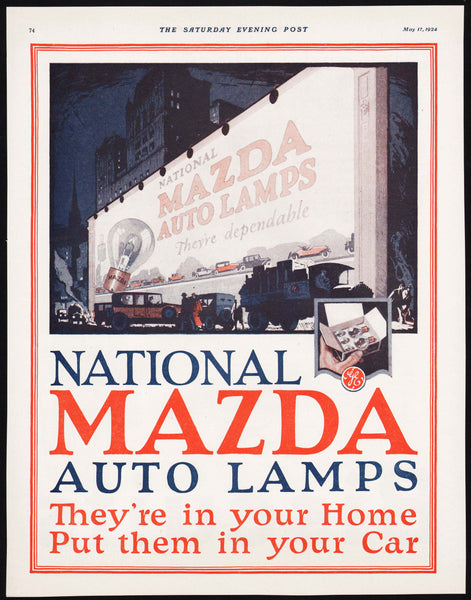 Vintage magazine ad NATIONAL MAZDA AUTO LAMPS from 1924 billboard and cars pictured