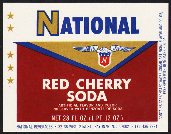Vintage soda pop bottle label NATIONAL RED CHERRY Bayonne New Jersey n-mint+