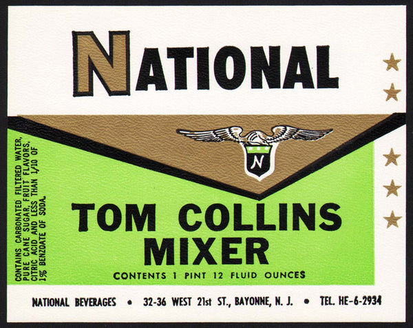 Vintage soda pop bottle label NATIONAL TOM COLLINS MIXER Bayonne New Jersey