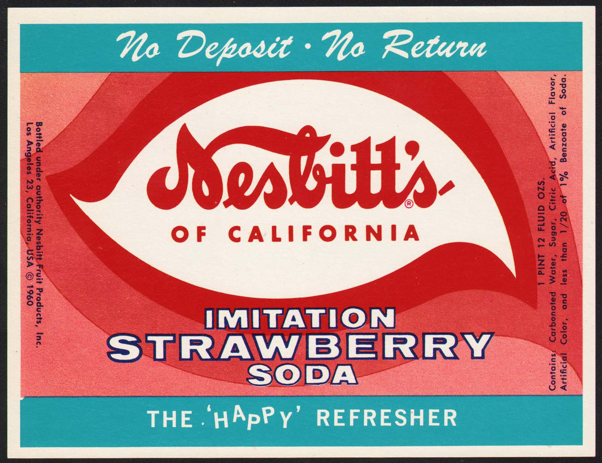 Vintage soda pop bottle label NESBITTS STRAWBERRY 1960 Los Angeles Cal