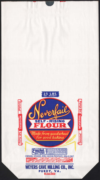 Vintage bag NEVERFAIL FLOUR 25lbs Weyers Cave Milling Purdy Virginia unused n-mint