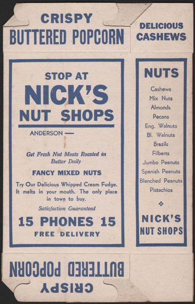 Vintage box NICKS NUT SHOPS Phone 15 Anderson Indiana Popcorn Cashews unused