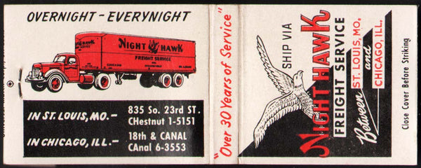 Vintage full matchbook NIGHT HAWK FREIGHT bird and truck St Louis MO Chicago ILL