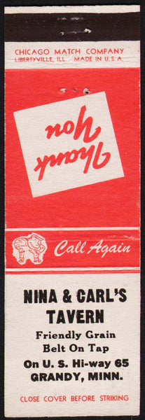 Vintage matchbook cover NINA and CARLS TAVERN from Grandy Minnesota