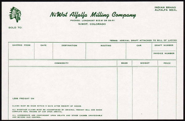 Vintage receipt NIWOT ALFALFA MILLING CO indian pictured Niwot Colorado n-mint+
