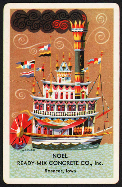 Vintage playing card NOEL READY-MIX CONCRETE CO cartoon paddleboat Spencer Iowa