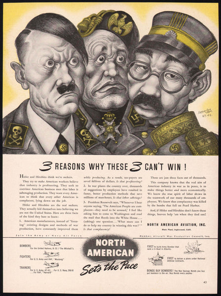 Vintage magazine ad NORTH AMERICAN AVIATION 1942 WWII Hitler Hirohito Szyk art