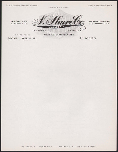Vintage letterhead N SHURE CO WHOLESALE Chicago General Merchandise building pictured