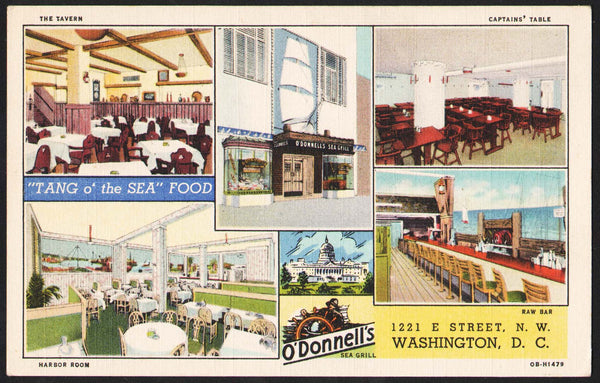 Vintage postcard O'DONNELLS SEA GRILL Harbor Room Raw Bar Washington DC linen