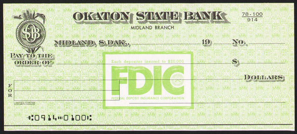 Vintage bank check OKATON STATE BANK Midland South Dakota wheat vignette n-mint+