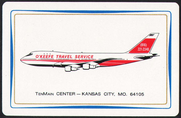 Vintage playing card O'KEEFE TRAVEL SERVICE blue border plane pictured Kansas City MO