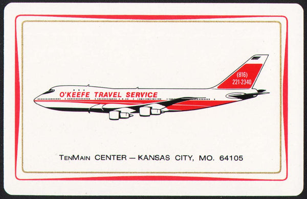 Vintage playing card O'KEEFE TRAVEL SERVICE red border plane pictured Kansas City MO