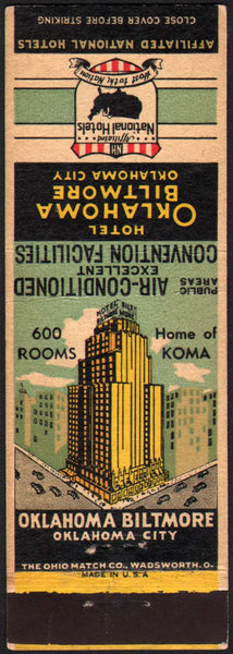 Vintage matchbook cover HOTEL OKLAHOMA BILTMORE hotel pictured Oklahoma City Okla