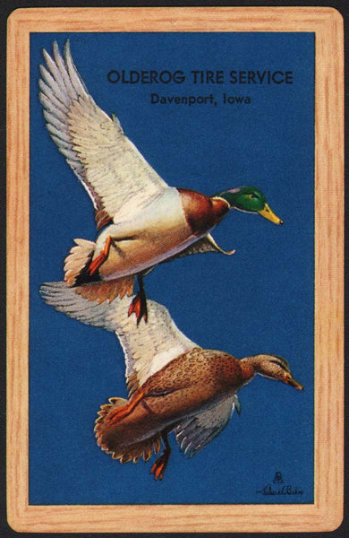 Vintage playing card OLDEROG TIRE SERVICE duck Davenport Iowa Richard Bishop art