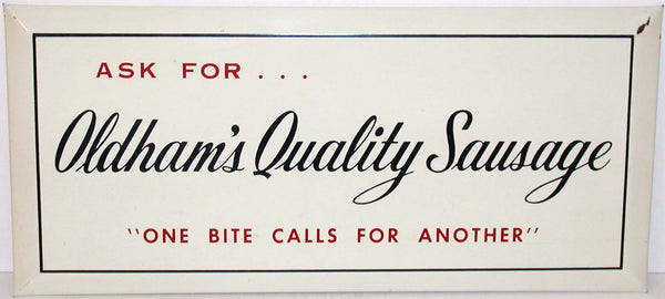 Vintage metal sign OLDHAMS QUALITY SAUSAGE string hung new old stock n-mint condition