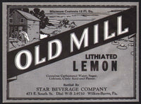 Vintage soda pop bottle label OLD MILL LITHIATED LEMON Star Wilkes Barre PA n-mint