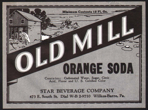 Vintage soda pop bottle label OLD MILL ORANGE SODA Star Wilkes Barre PA n-mint
