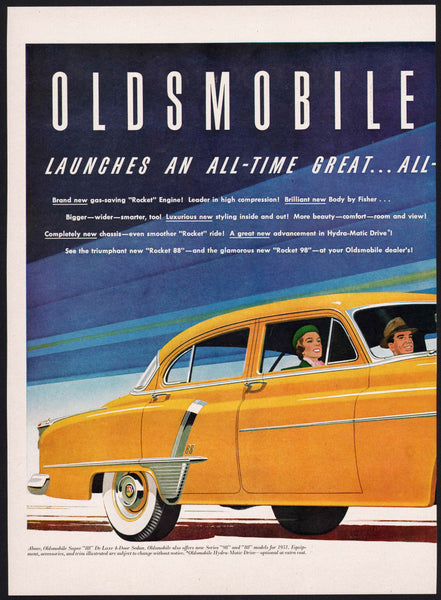 Vintage magazine ad OLDSMOBILE 1951 Rocket Super 88 yellow car pictured 2 page