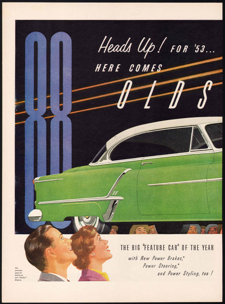 Vintage magazine ad OLDSMOBILE 1953 rocket and Olds 88 pictured on two pages