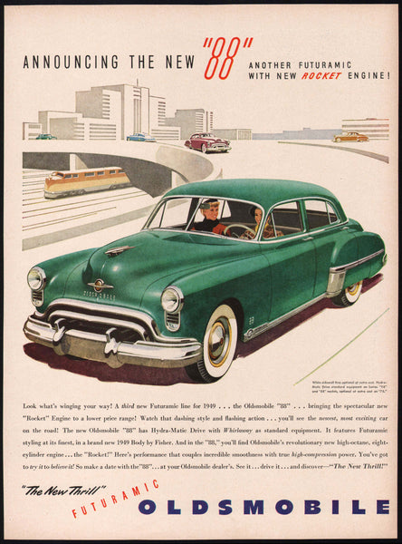 Vintage magazine ad OLDSMOBILE 88 from 1949 with new futuramic rocket engine