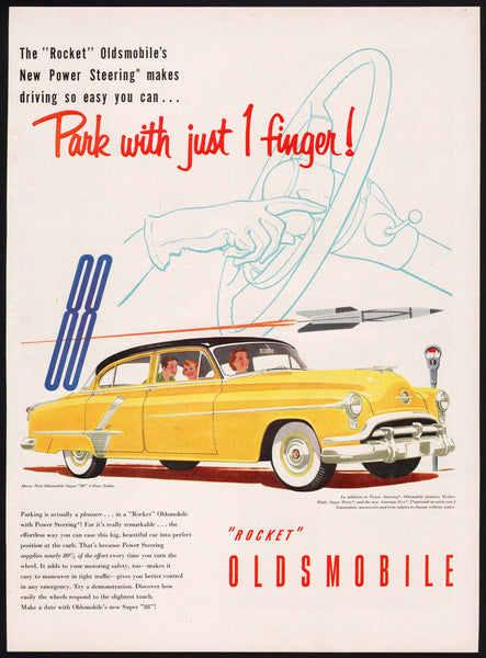 Vintage magazine ad OLDSMOBILE ROCKET 88 from 1952 picturing a yellow Super 88