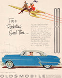 Vintage magazine ad OLDSMOBILE SUPER 88 HOLIDAY 1953 man and woman riding rocket
