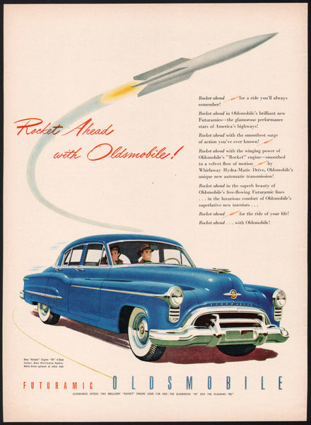 Vintage magazine ad OLDSMOBILE automobile 1950 Rocket Ahead slogan featured