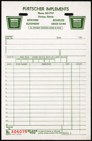 Vintage receipt PURTSCHER IMPLEMENTS Oliver logo Kewanee Homelite Dunlap ILL