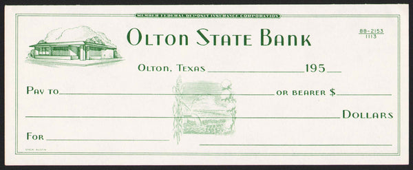 Vintage bank check OLTON STATE BANK Olton Texas bank pictured 1950s n-mint+