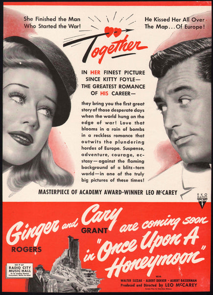 Vintage magazine ad ONCE UPON A HONEYMOON movie 1942 Ginger Rogers and Cary Grant