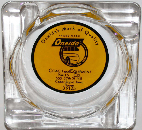 Vintage glass ashtray ONEIDA School Bus Coach Equipment Sales Cedar Rapids Iowa