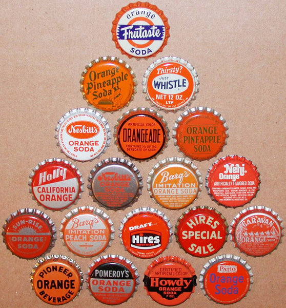 Vintage soda pop bottle caps ORANGE COLORS Lot of 19 different new old stock