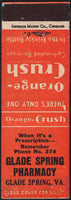 Vintage matchbook cover ORANGE CRUSH soda pop Glade Spring Pharmacy Virginia