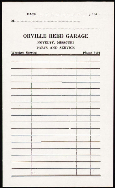 Vintage receipt ORVILLE REED GARAGE Parts Service 1940s Novelty Missouri n-mint+