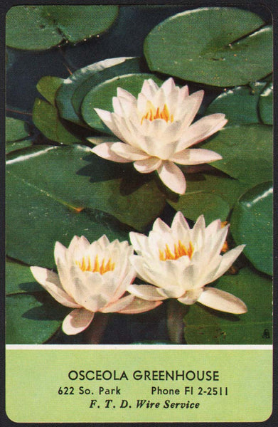 Vintage playing card OSCEOLA GREENHOUSE pond lilies pictured 622 So Park FTD