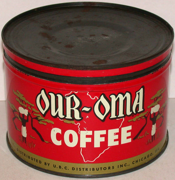 Vintage tin OUR OMA COFFEE blacks harvesting UBC Chicago key wind with original lid
