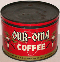 Vintage tin OUR OMA COFFEE blacks harvesting UBC Chicago key wind with original lid
