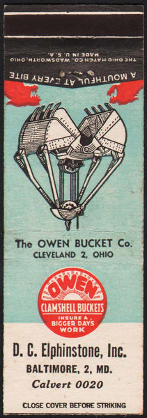 Vintage matchbook cover OWEN CLAMSHELL BUCKETS with picture Elphinstone Baltimore MD