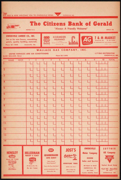 Vintage bowling score sheet MFA REXALL IGA CONOCO DODGE Owensville Missouri n-mint