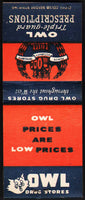 Vintage full matchbook OWL DRUG STORES owl and triple guards pictured unused