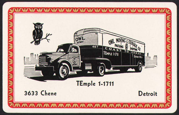 Vintage playing card OWL MOVING and STORAGE CO picturing their truck Detroit MI
